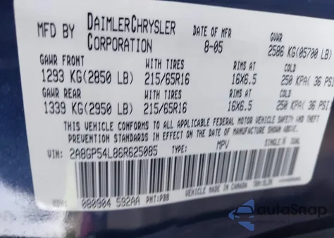 2006 Chrysler Town & Country Touring z USA, uszkodzony, nr VIN 2A8GP54L86R625085